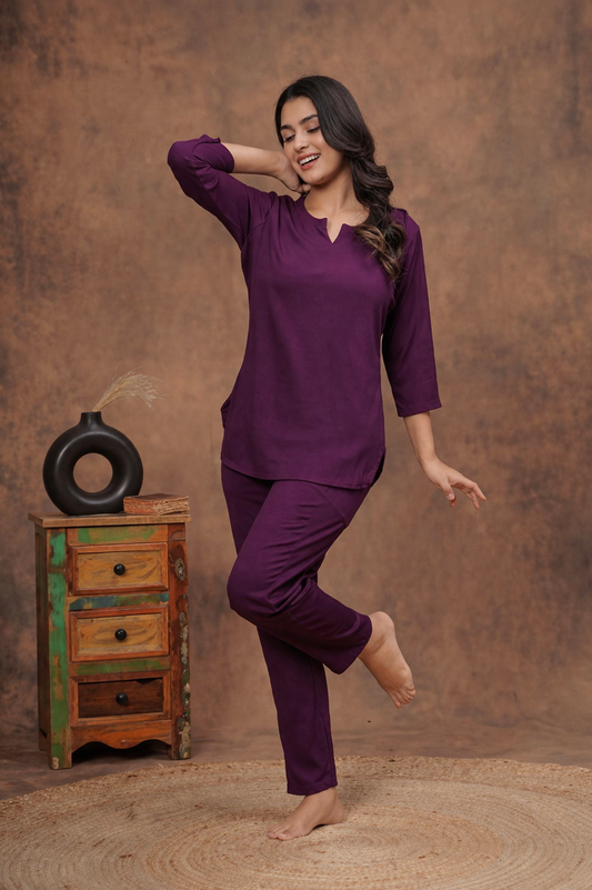 Elegant Solid Purple Night Suit Co-Ord Set for Women