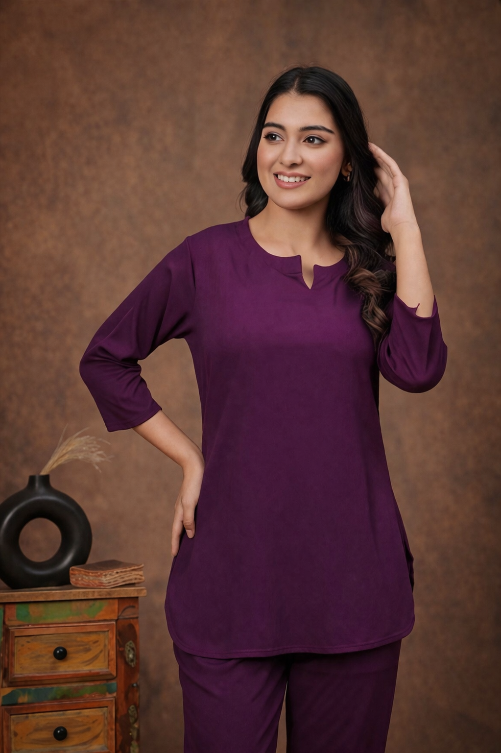 Elegant Solid Purple Night Suit Co-Ord Set for Women