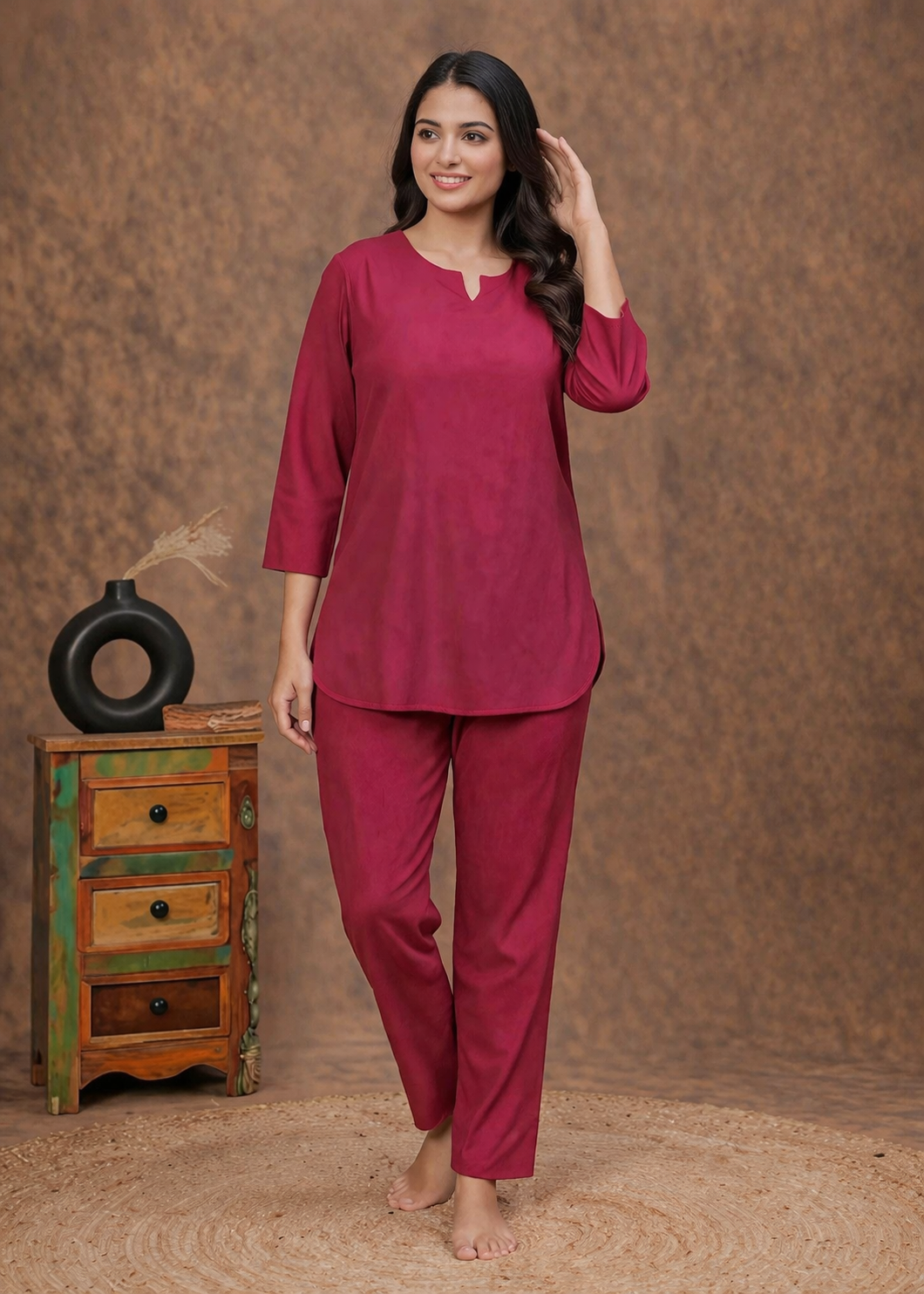 Elegant Solid Red Night Suit Co-Ord Set for Women