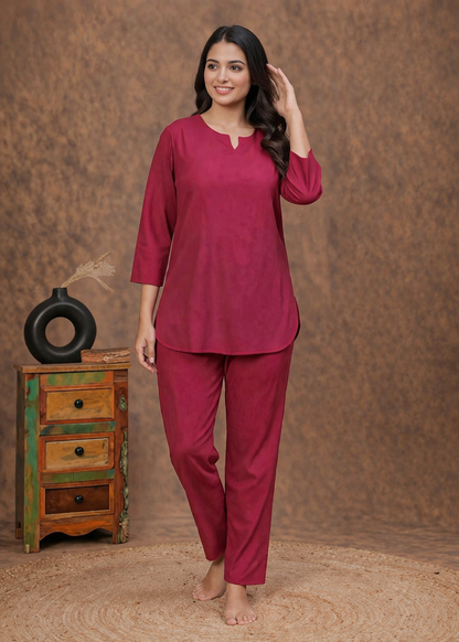 Elegant Solid Red Night Suit Co-Ord Set for Women