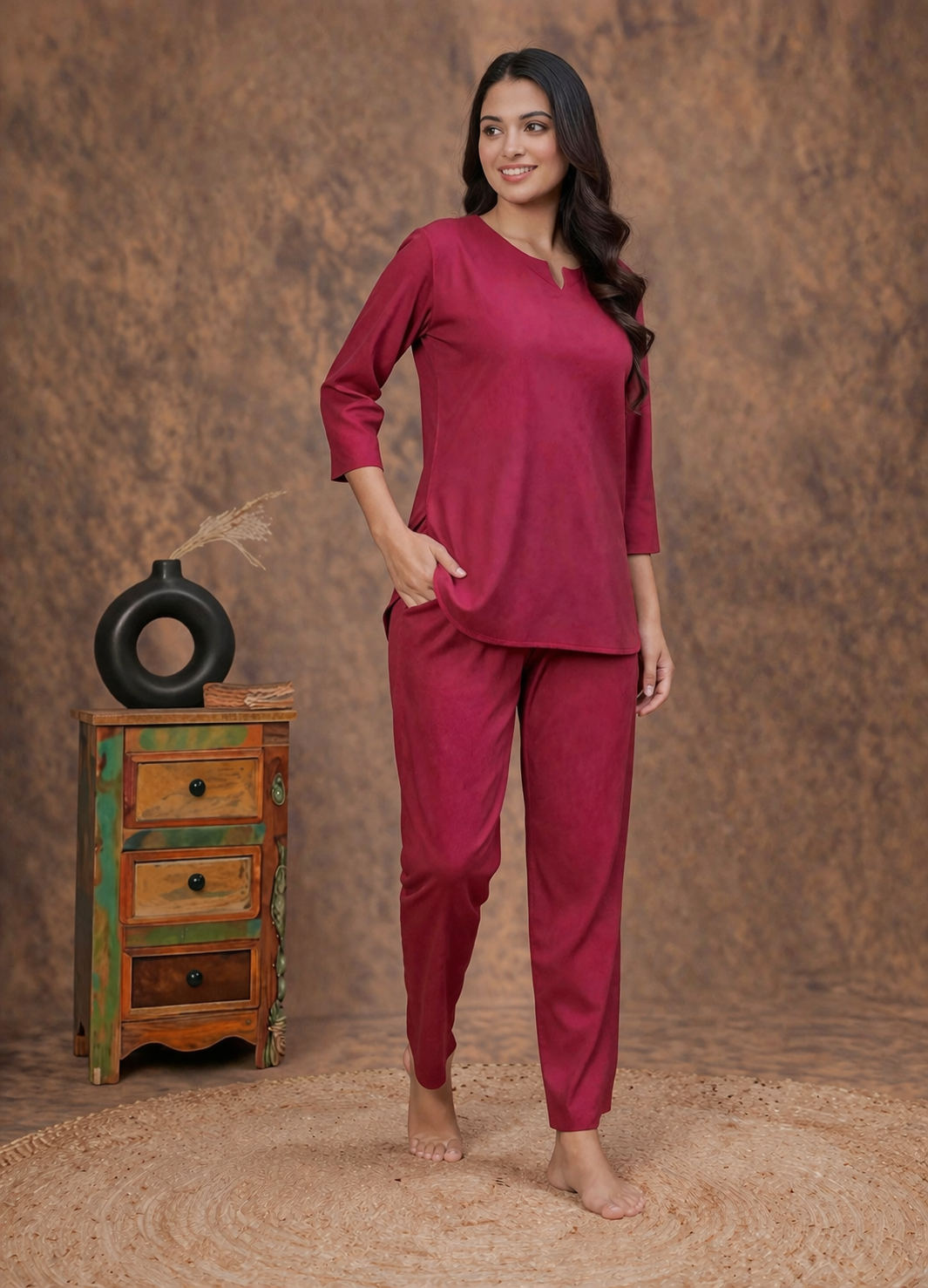 Elegant Solid Red Night Suit Co-Ord Set for Women