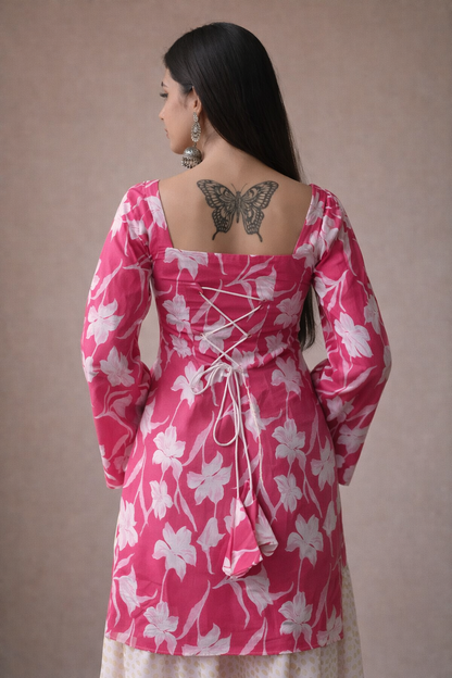 Pink Floral Square Neck Kurti with Bell Sleeves Elegant Ethnic Wear for Women