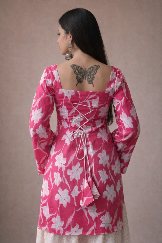 Pink Floral Square Neck Kurti with Bell Sleeves Elegant Ethnic Wear for Women
