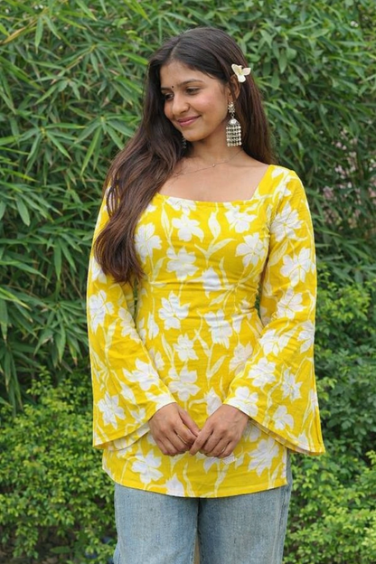 Yellow  Floral Square Neck Kurti with Bell Sleeves Elegant Ethnic Wear for Women