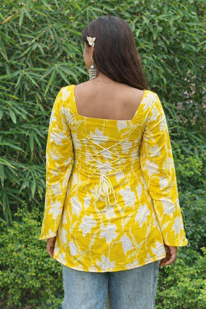 Yellow  Floral Square Neck Kurti with Bell Sleeves Elegant Ethnic Wear for Women