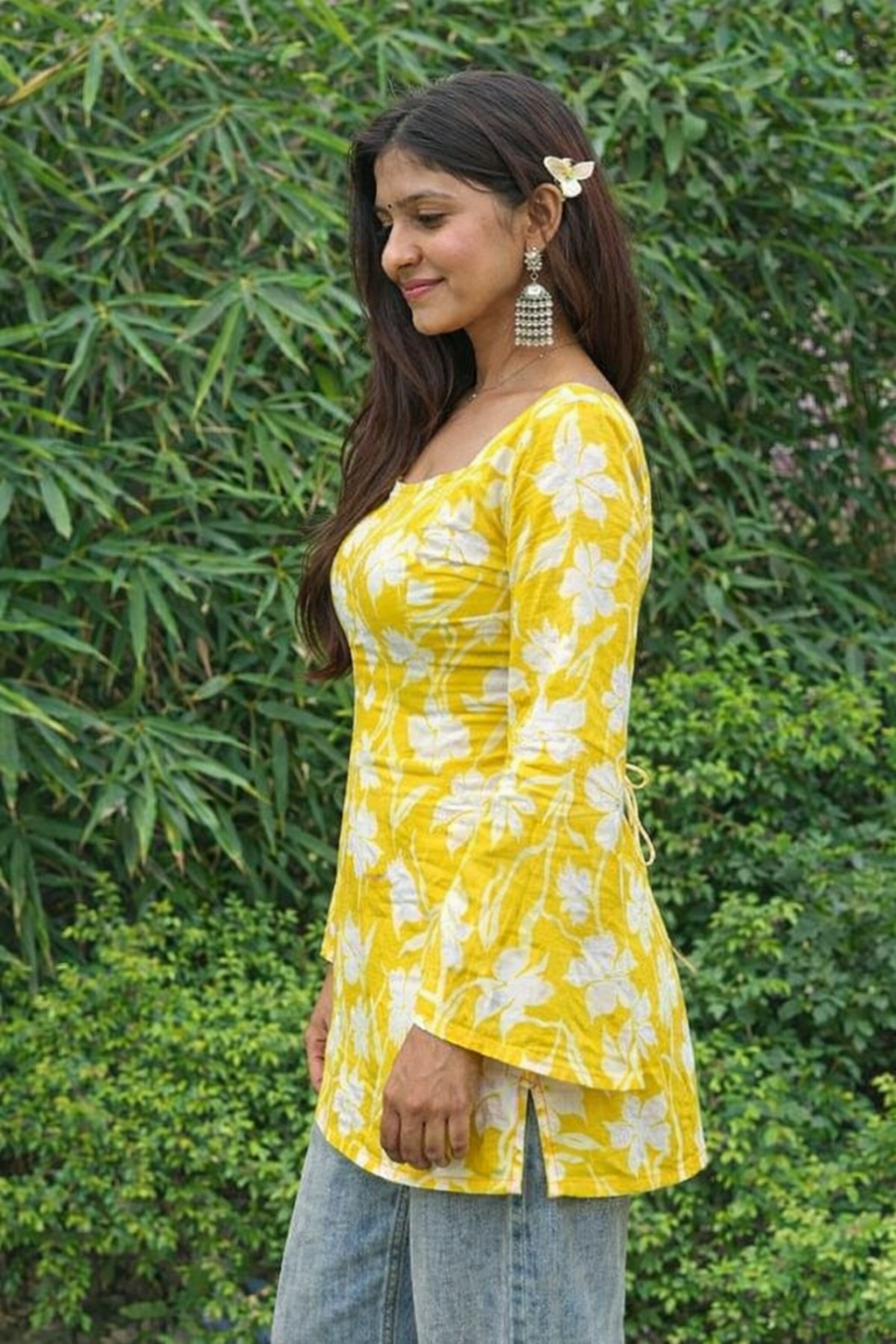 Yellow  Floral Square Neck Kurti with Bell Sleeves Elegant Ethnic Wear for Women