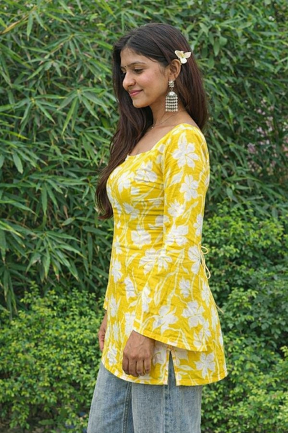 Yellow  Floral Square Neck Kurti with Bell Sleeves Elegant Ethnic Wear for Women