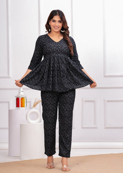 Black Printed Peplum Co-Ord Set for Women