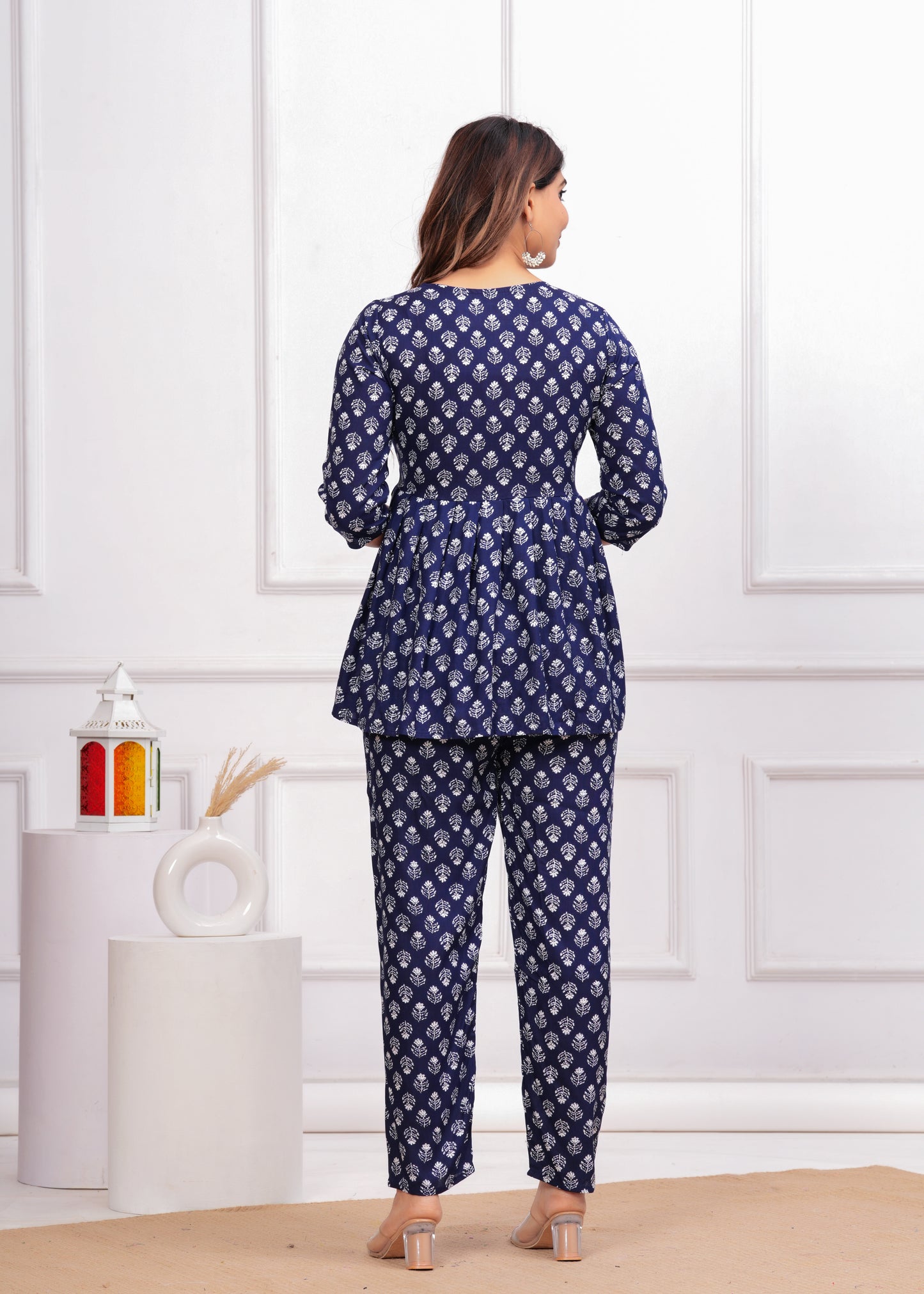 Navy Blue Printed Peplum Co-Ord Set for Womenv