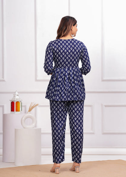 Navy Blue Printed Peplum Co-Ord Set for Womenv