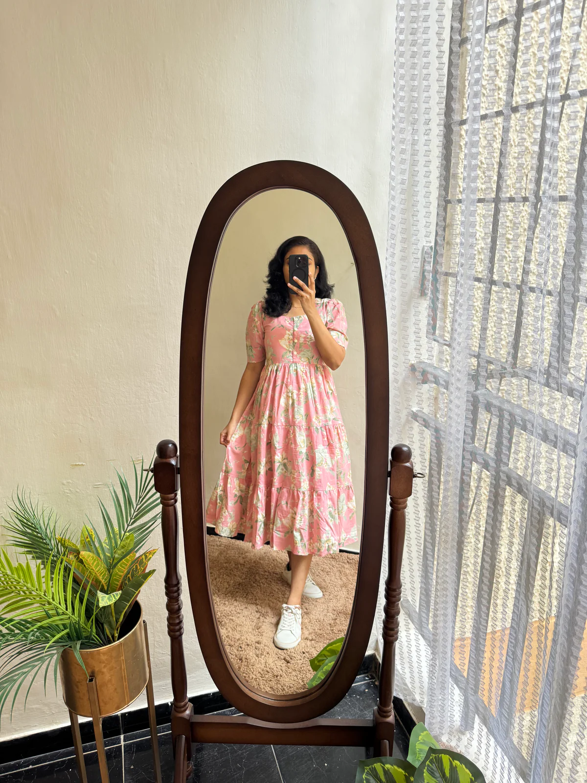 Pink Printed Tiered Midi Dress with Puff Sleeves – Casual Ethnic Wear