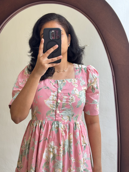 Pink Printed Tiered Midi Dress with Puff Sleeves – Casual Ethnic Wear