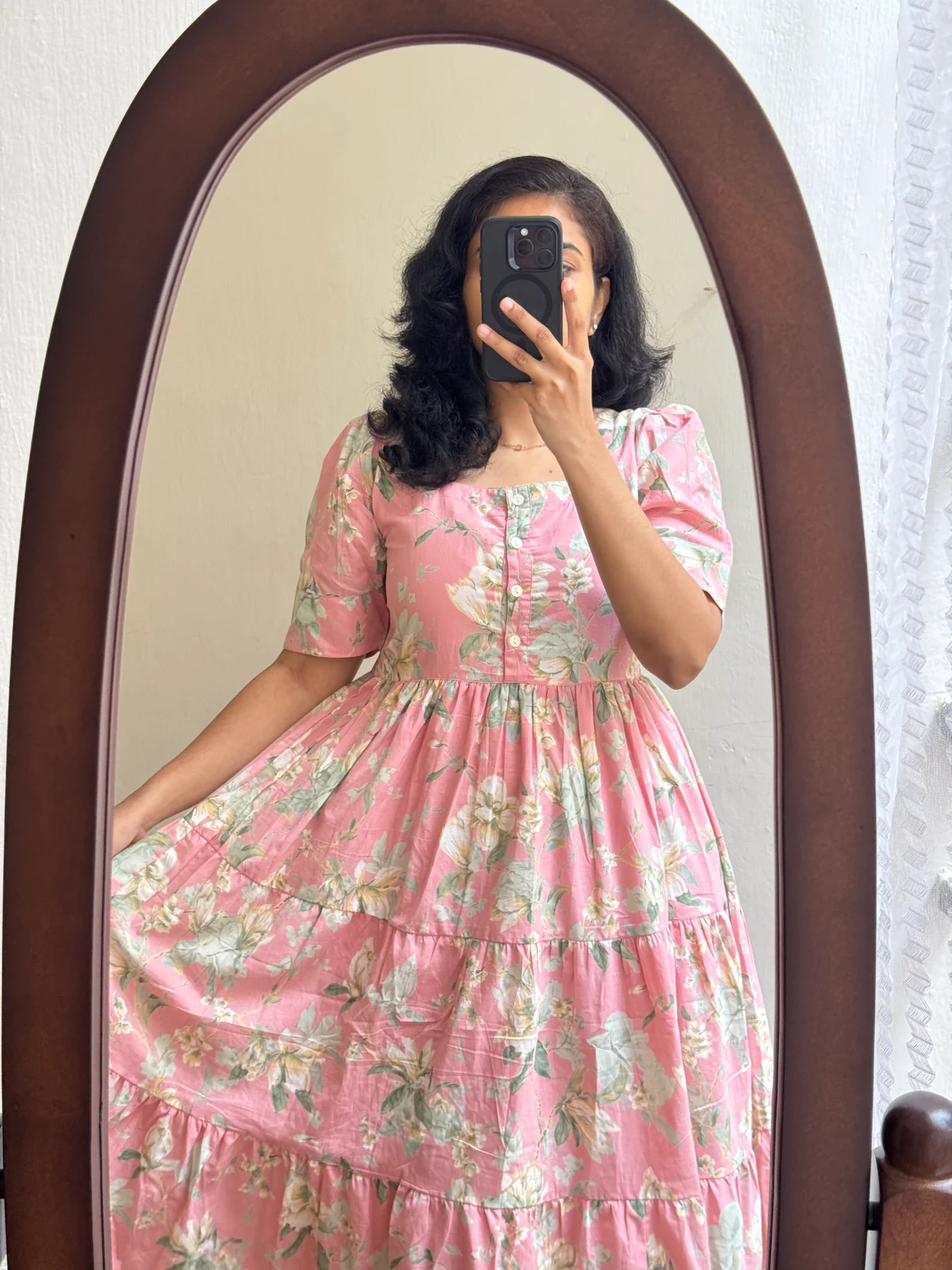 Pink Printed Tiered Midi Dress with Puff Sleeves – Casual Ethnic Wear