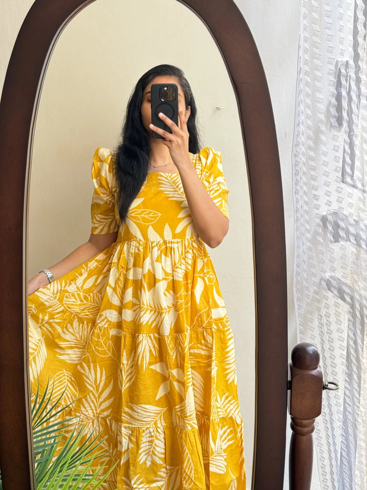 Yellow Printed Tiered Midi Dress with Puff Sleeves – Casual Ethnic Wear