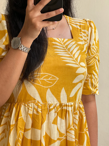 Yellow Printed Tiered Midi Dress with Puff Sleeves – Casual Ethnic Wear