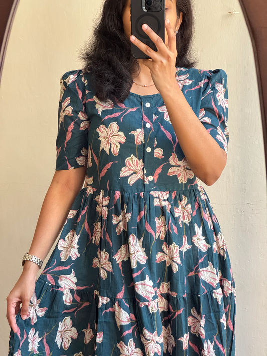 Patrol Blue Printed Tiered Midi Dress with Puff Sleeves – Casual Ethnic Wear