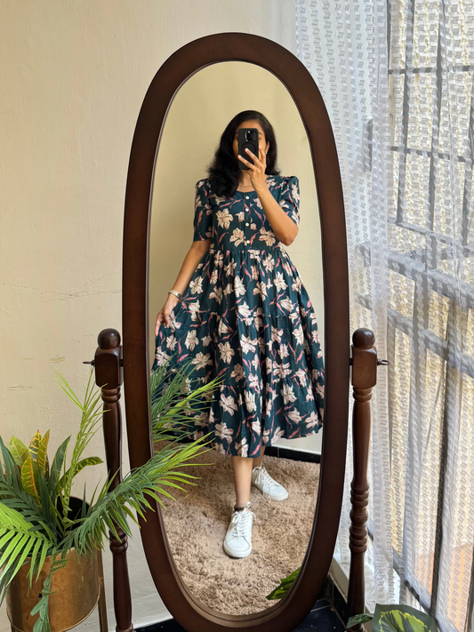 Patrol Blue Printed Tiered Midi Dress with Puff Sleeves – Casual Ethnic Wear