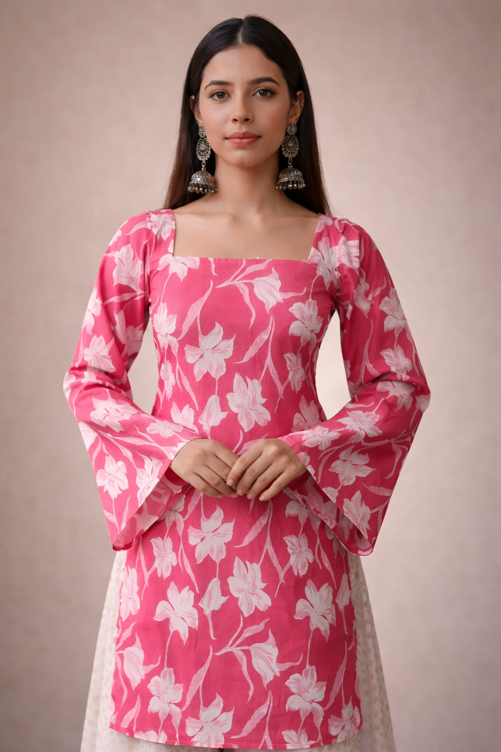 Pink Floral Square Neck Kurti with Bell Sleeves Elegant Ethnic Wear for Women