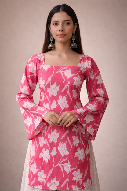 Pink Floral Square Neck Kurti with Bell Sleeves Elegant Ethnic Wear for Women