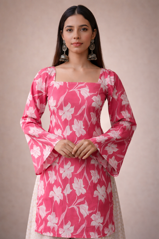 Pink Floral Square Neck Kurti with Bell Sleeves Elegant Ethnic Wear for Women