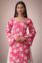 Pink Floral Square Neck Kurti with Bell Sleeves Elegant Ethnic Wear for Women