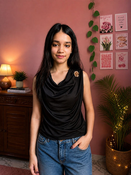 Cowl Neck Backless Top – Elegant Black Sleeveless with Gold Brooch