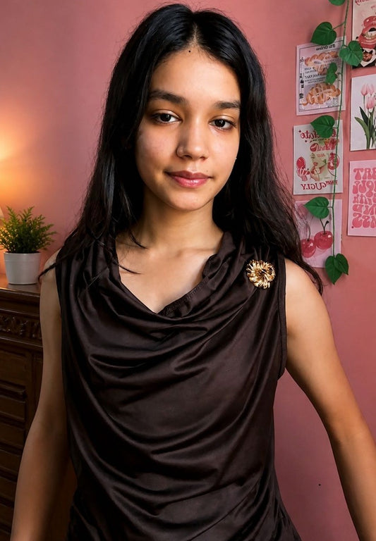 Cowl Neck Backless Top – Elegant Brown Sleeveless with Gold Brooch