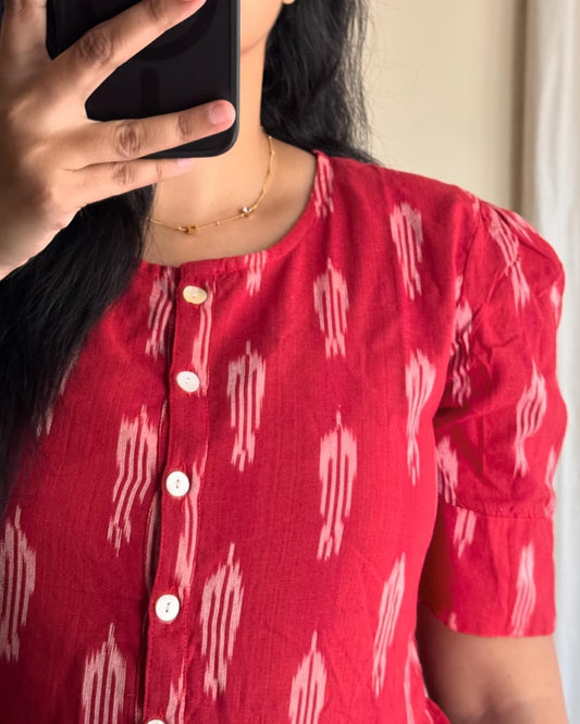 Red Printed Tiered Midi Dress with Puff Sleeves – Casual Ethnic Wear