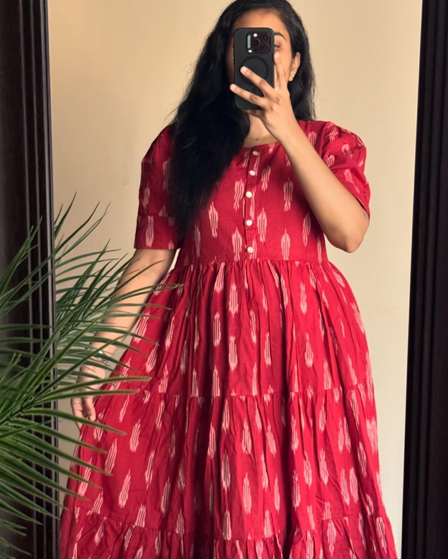 Red Printed Tiered Midi Dress with Puff Sleeves – Casual Ethnic Wear