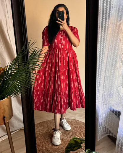 Red Printed Tiered Midi Dress with Puff Sleeves – Casual Ethnic Wear