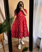Red Printed Tiered Midi Dress with Puff Sleeves – Casual Ethnic Wear
