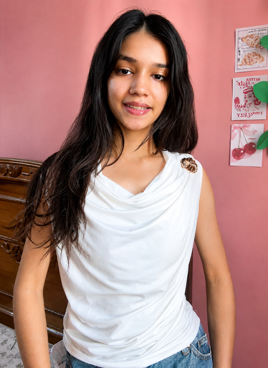 Cowl Neck Backless Top – Elegant White Sleeveless with Gold Brooch