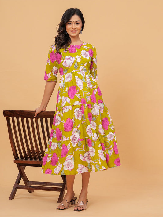 Mastred Printed Tiered Midi Dress with Puff Sleeves – Casual Ethnic Wear