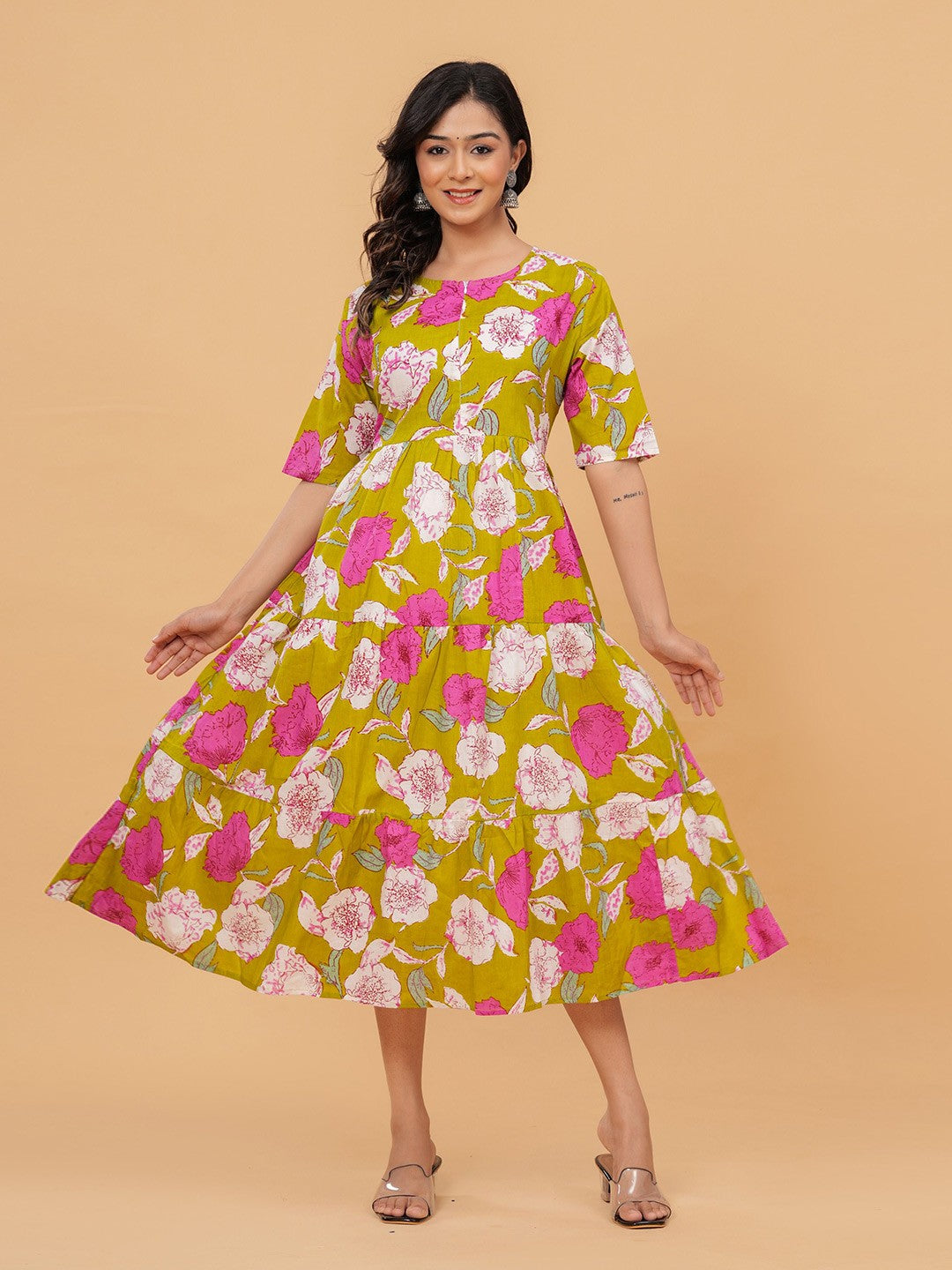 Mastred Printed Tiered Midi Dress with Puff Sleeves – Casual Ethnic Wear
