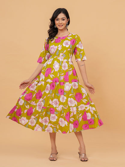 Mastred Printed Tiered Midi Dress with Puff Sleeves – Casual Ethnic Wear