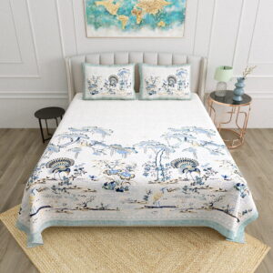 Green And Beige Block Print Cotton Double Bedsheet | CastileIndia