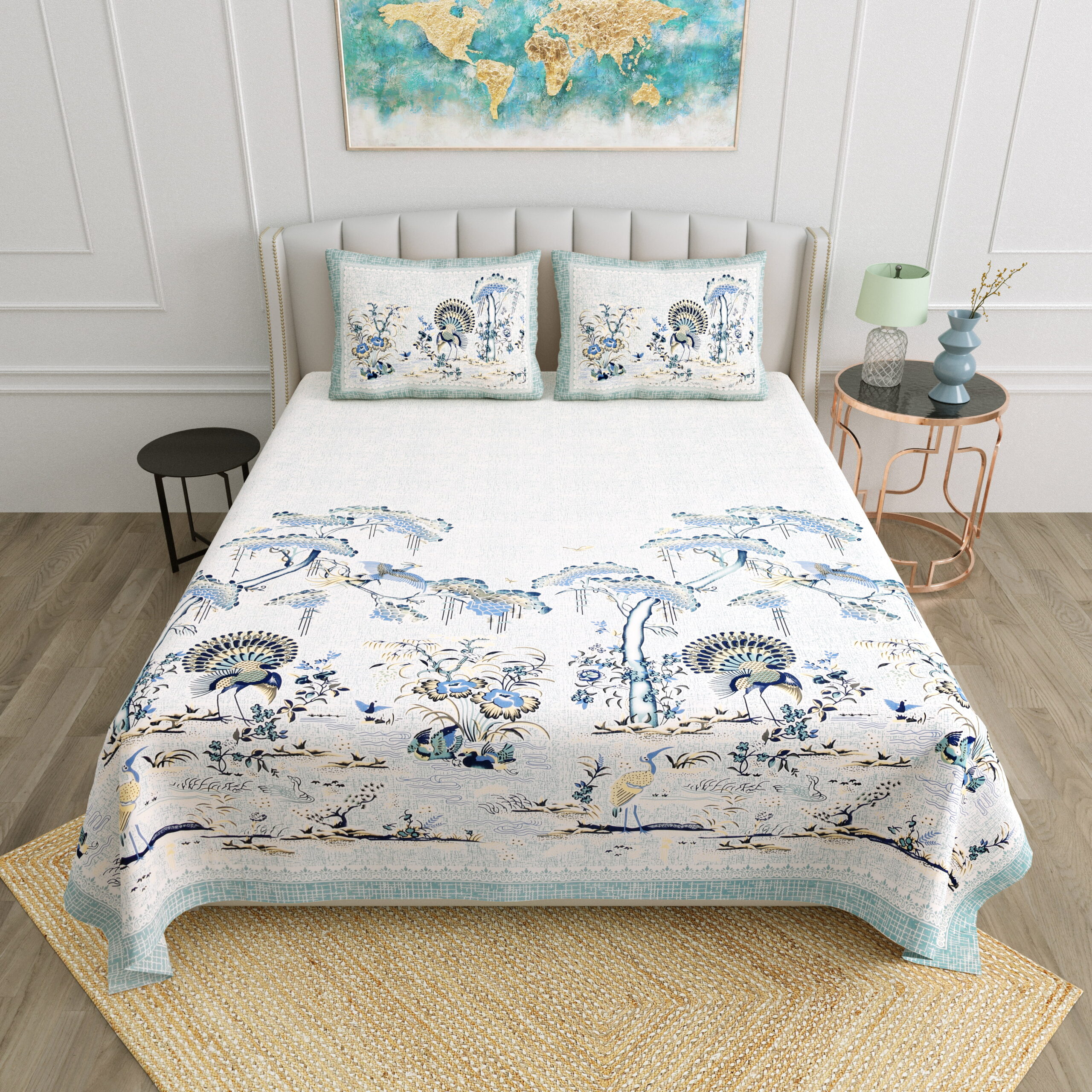 Green And Beige Block Print Cotton Double Bedsheet | CastileIndia